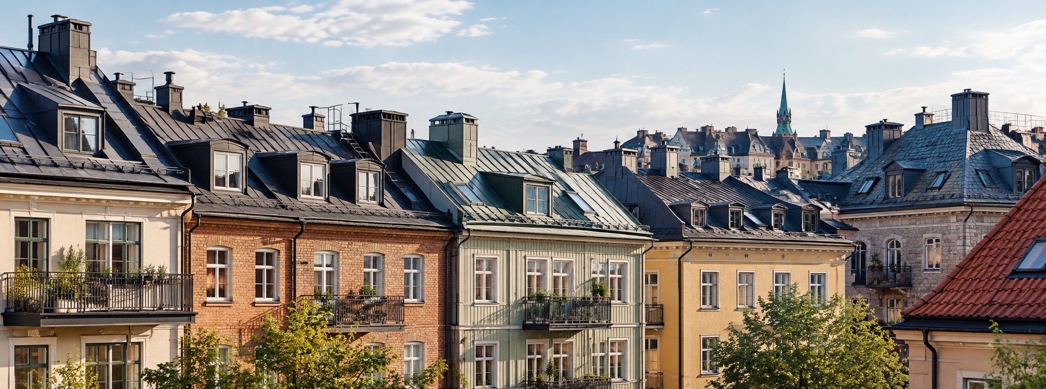 Takåsar och fasader i en svensk stadskärna en sommarkväll